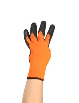 Hand in rubber glove shows four. Isolated on a white background.