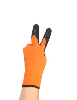 Hand in rubber glove shows two. Isolated on a white background.