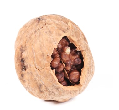 Cracked walnut. Isolated on a white background.