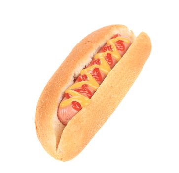 Tasty hot dog with mustard and ketchup. Isolated on a white background.