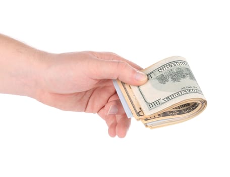 Dollar banknotes in hand. Isolated on a white background.