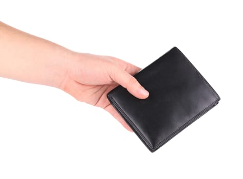 Leather wallet in man hand. Isolated on a white background.