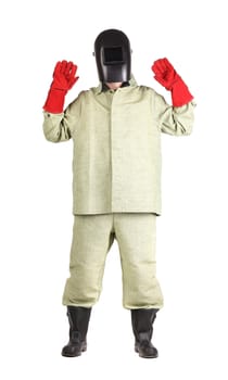Welder in red gloves. Isolated on a white background.