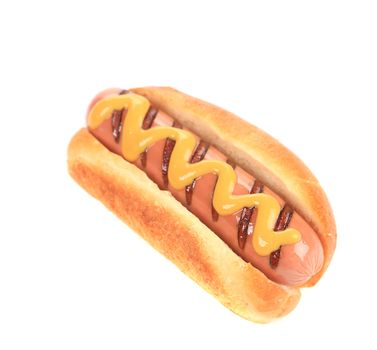 Hot dog with mustard. Isolated on a white background.