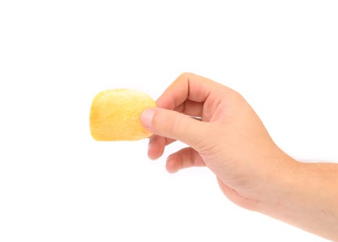 Hand holds potato chips. Isolated on a white background.