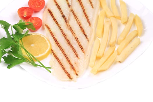 Grilled fish with french fries. Isolated on a white background.