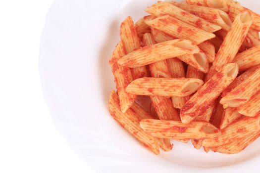 Pasta penne rigate with tomato sauce. Isolated on a white background.