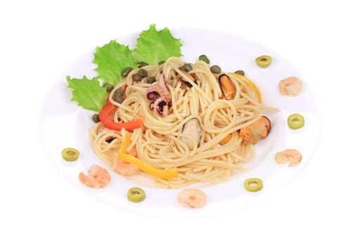 Sea salad with spaghetti. Isolated on a white background.