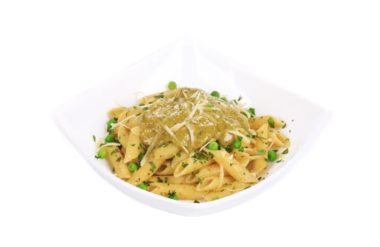 Pasta with pesto sauce and parmesan. Isolated on a white background.