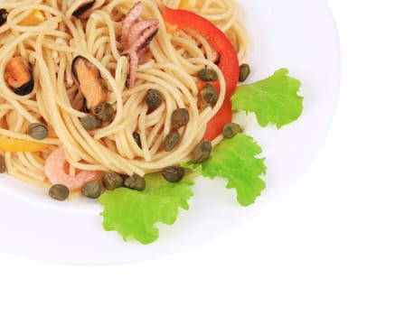 Sea salad with spaghetti. Isolated on a white background.