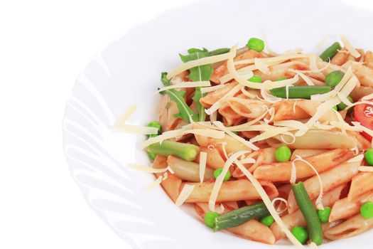Pasta with french beans and parmesan. Isolated on a white background.