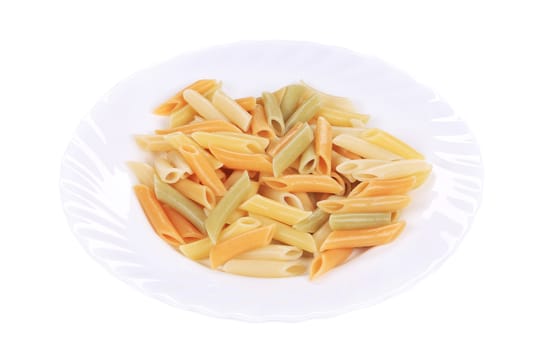 Colorful penne pasta. Isolated on a white background.