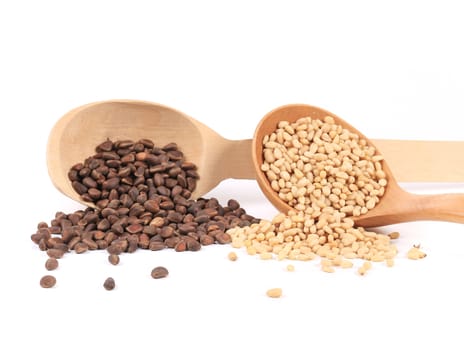 Wooden spoons full with pine nuts. Isolated on a white background.