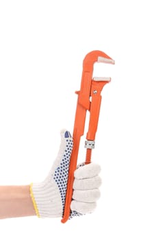 Man's hand holding a water pump pliers. Isolated on a white background.