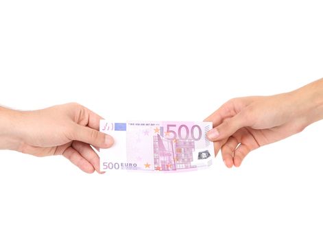 Two hands and 500 euro banknote. Isolated on a white background.