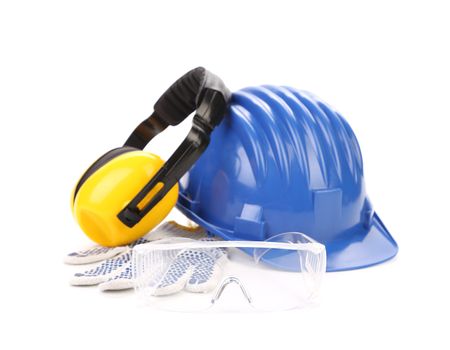 Blue safety helmet with earphones and goggles. Isolated on a white background.