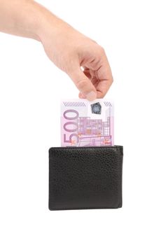 Man's hand pulling cash from the wallet. Isolated on a white background.