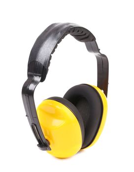 Yellow protection headphones. Isolated on a white background.