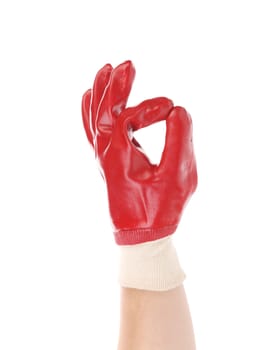 Hand in work glove shows ok sign. Isolated on a white background.