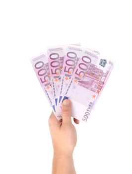 Man hands holding five hundred euro banknotes. Isolated on a white background.