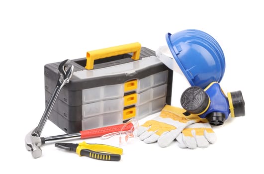 Toolbox pliers and hard hat. Isolated on a white background.