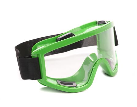 Green snowboarding glasses. Isolated on a white background.