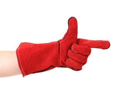 Point finger in red leather work glove. Isolated on a white background.