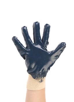 Hand in rubber glove shows five. Isolated on a white background.