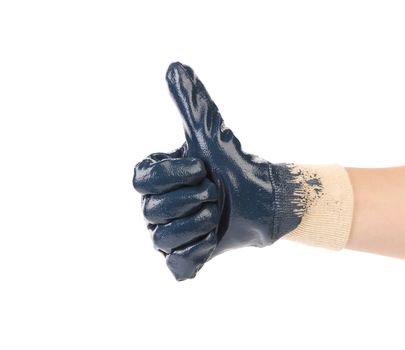 Hand in rubber glove shows thumbs up. Isolated on a white background.