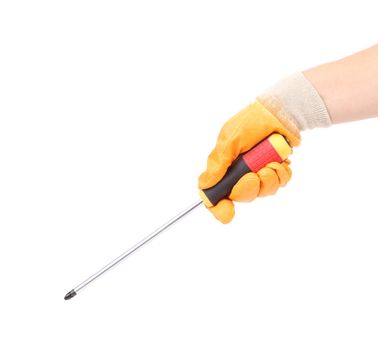 Hand in glove holding screwdriver. Isolated on a white background.