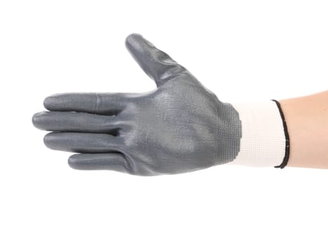 Hand in black rubber glove. Isolated on a white background.