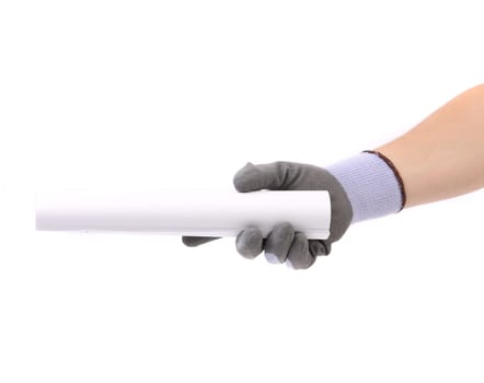 Man hand in gray glove holding paper roll. Isolated on a white background.