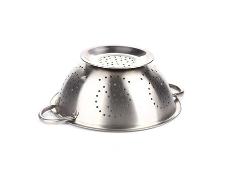 Empty silver colander. Isolated on a white background.