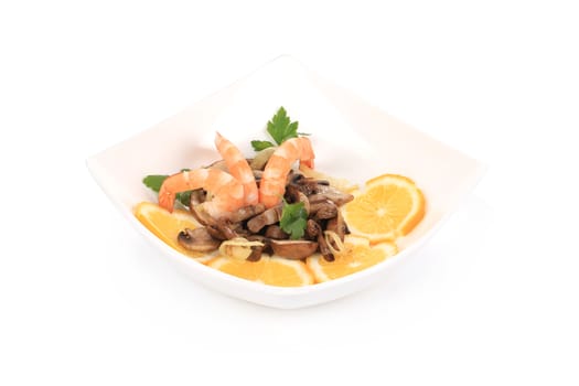 Shrimp salad with mushrooms. Isolated on a white background.