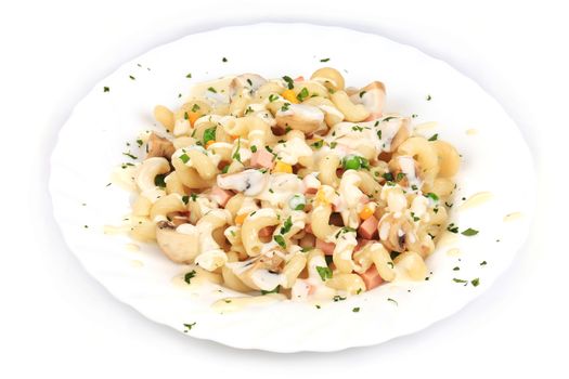 Pasta with mushrooms and white sauce. Isolated on a white background.