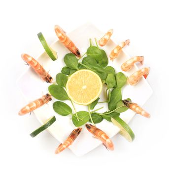 Boiled shrimp with corn salad. Isolated on a white background.