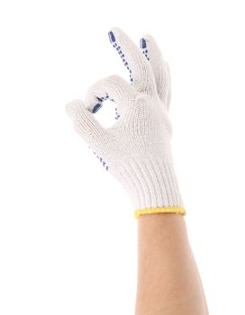 Hand in work glove shows ok sign. Isolated on a white background.