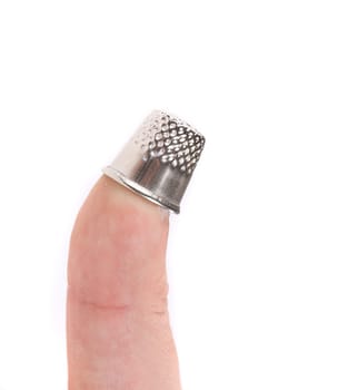 Protective thimble on the man hand. Isolated on a white background.