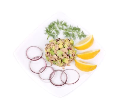 Avocado salad with tuna. Isolated on a white background.