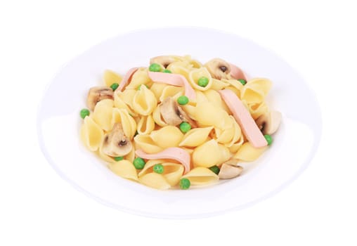 Pasta with ham and mushrooms. Isolated on a white background.