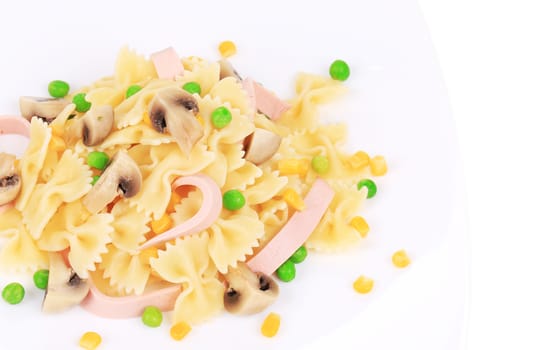 Pasta with ham and mushrooms. Whole background.