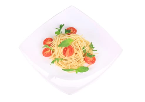 Spaghetti with tomato and basil. Isolated on a white background.