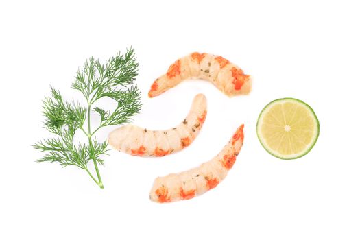 Cooked unshelled shrimps with dill. Isolated on a white background.