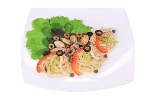 Sea salad with spaghetti. Isolated on a white background.