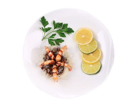 Fresh unshelled boiled shrimps with spaghetti. Isolated on a white background.