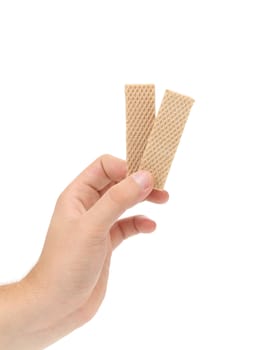 Hand holds wafer of chocolate. Isolated on a white background.