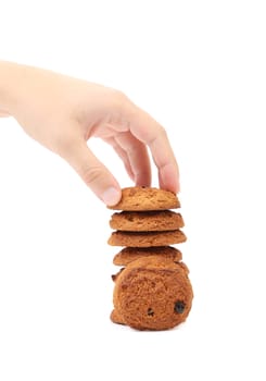 Hand holds oatmeal cookies with raisins. Isolated on a white background.