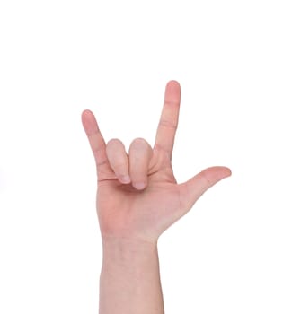 Hand shows the rock and roll sign. Isolated on a white background.