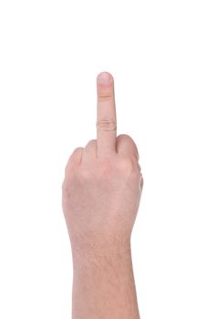 Hand shows middle finger. Isolated on a white background.