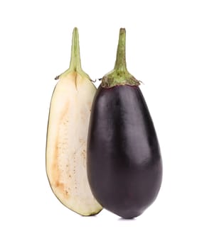One halved eggplant. Isolated on a white background.